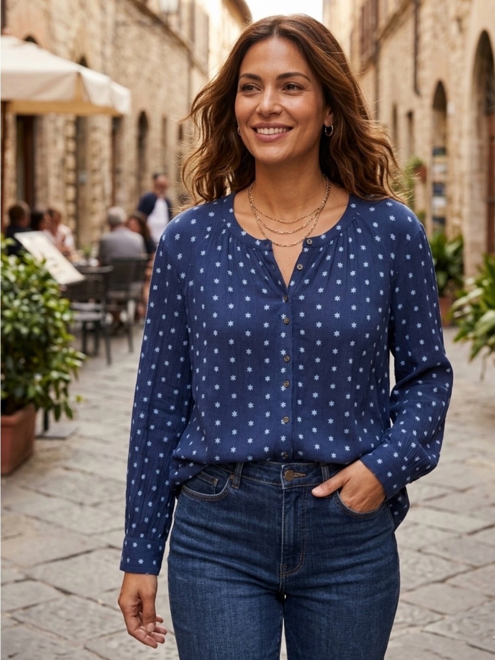 a.n.a Navy Blue Button-Front Star Print Shirt